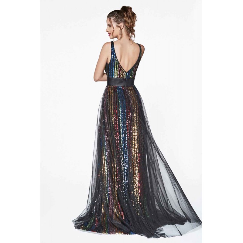 A-Line V-Neckline Gown With Multicolor Striped Sequins And Black Tulle Overskirt by Cinderella Divine -CS033