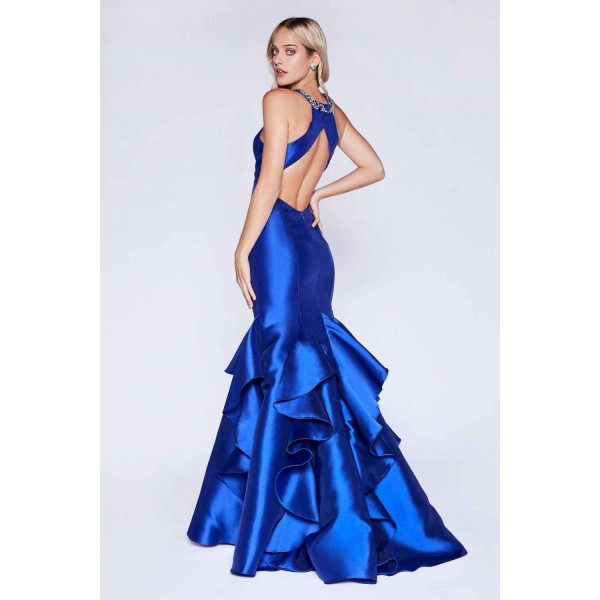 Fitted Mikado Mermaid Gown With Beaded Neckline And Layered Train by Cinderella Divine -83940