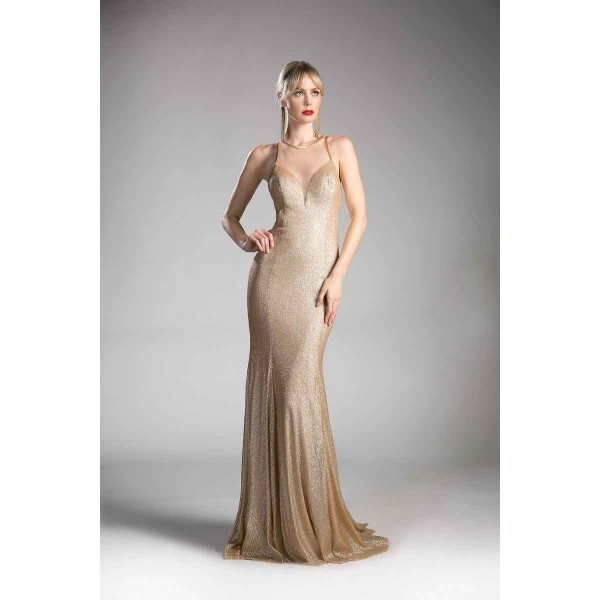 Fitted Metallic Knit Gown With Illusion Neckline And Cut Out Back by Cinderella Divine -13259