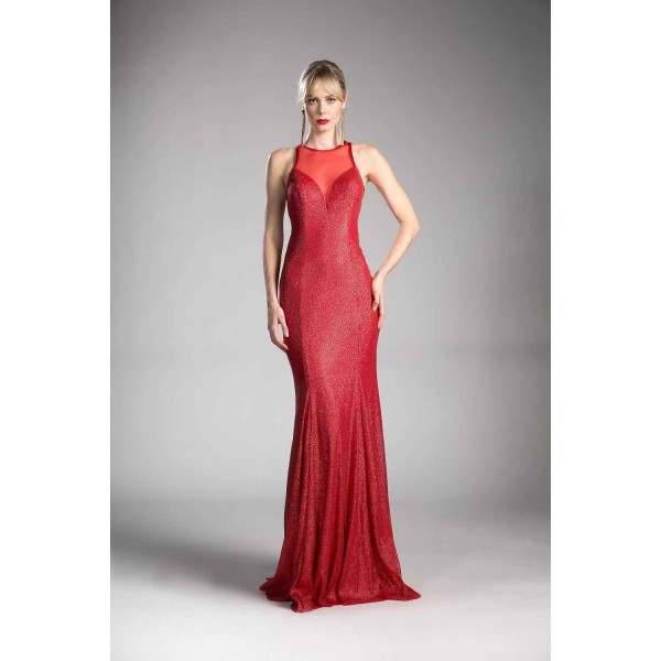 Fitted Metallic Knit Gown With Illusion Neckline And Cut Out Back by Cinderella Divine -13259