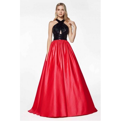Satin Ball Gown With Beaded Criss Cross Keyhole Neckline And Strappy Back by Cinderella Divine -J0234