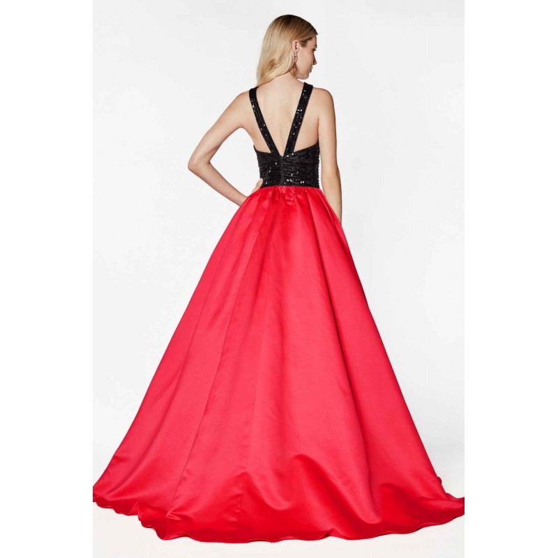Satin Ball Gown With Beaded Criss Cross Keyhole Neckline And Strappy Back by Cinderella Divine -J0234