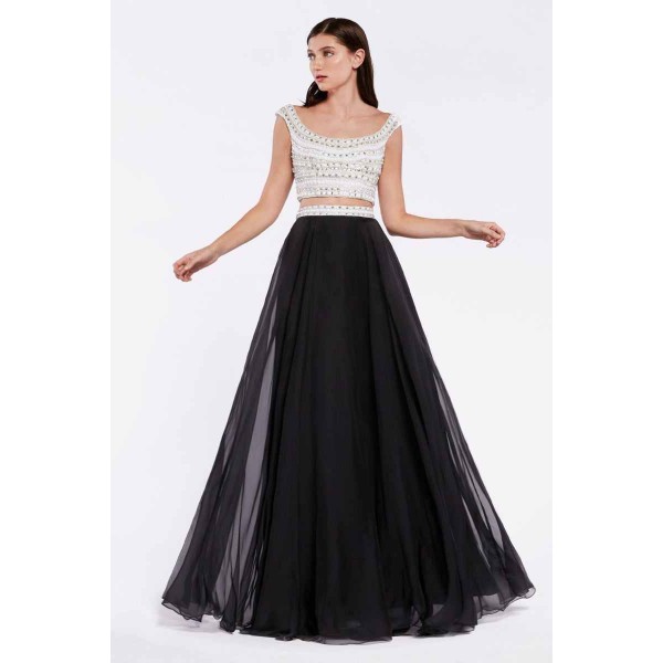 2-Piece Dress With A-Line Chiffon Skirt And Beaded Crop Top by Cinderella Divine -961