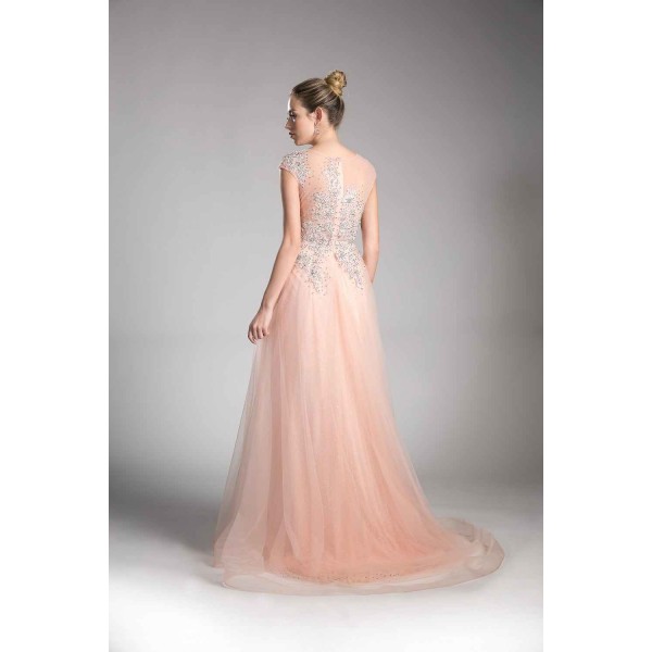 A-Line Tulle Dress With Beaded Cap Sleeve Bodice And Illusion Back by Cinderella Divine -8992