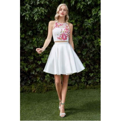 Two Piece Short Dress With Floral Embroidery Top And A-Line Skirt by Cinderella Divine -C80192CD