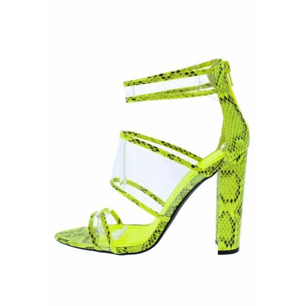 Eyeing02 Neon Yellow Black Pointed Open Toe Lucite Strap Heel