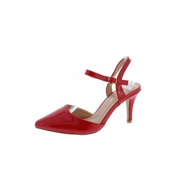 Canty02 Red Patent Pointed Toe Slingback Ankle Strap Short Heel